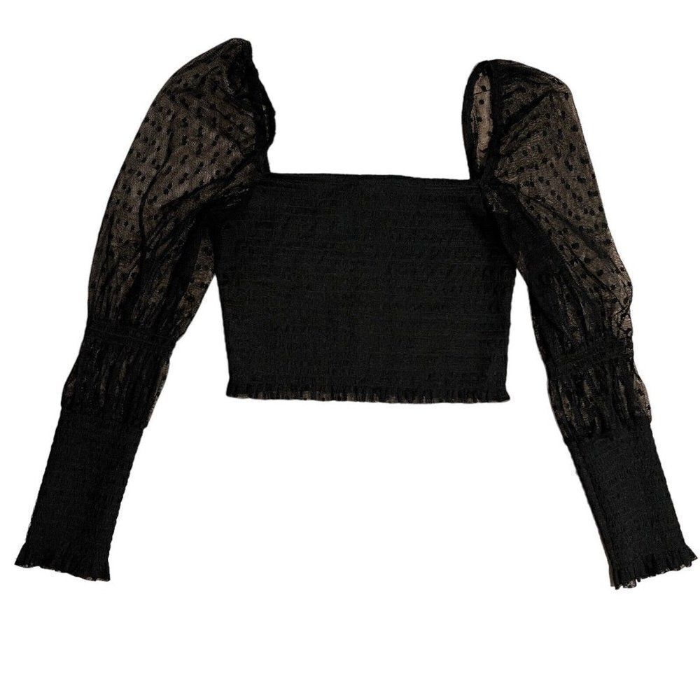 NEW Free People Top Large Black Crop Long Sleeve Polka‎ Dot Mesh Romantic Square